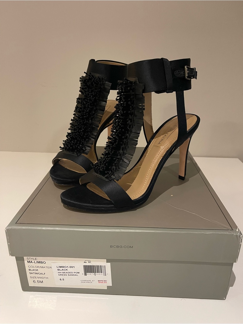 BCBGMaxAzria Black Beaded Fringe T-Strap Heels